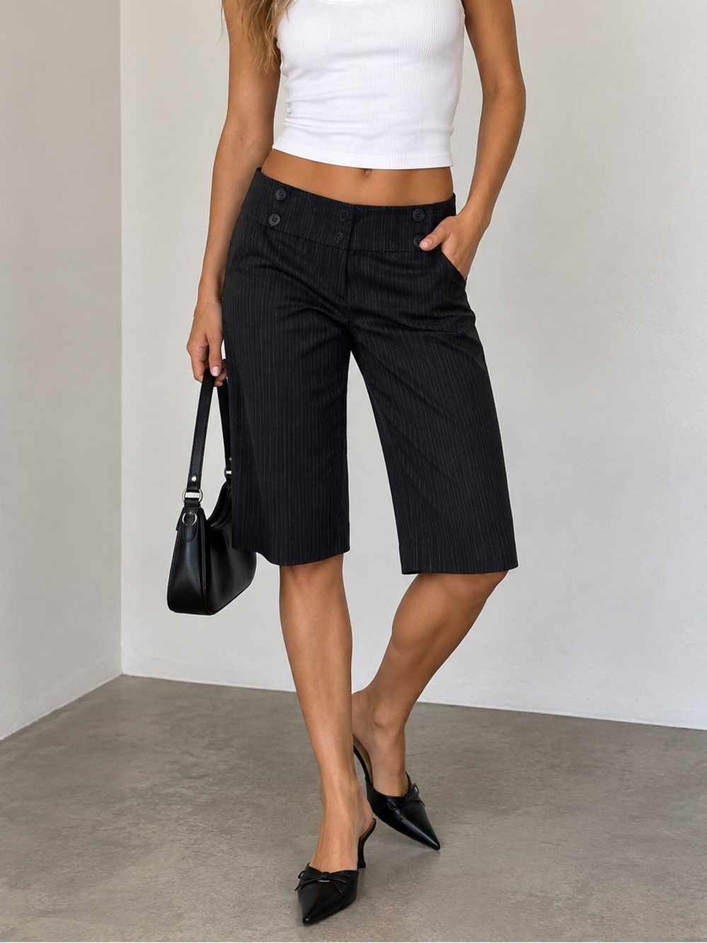 Low Rise Black Pinstripe Sailor Button Bermuda Shorts Y2K Office Siren Size S
